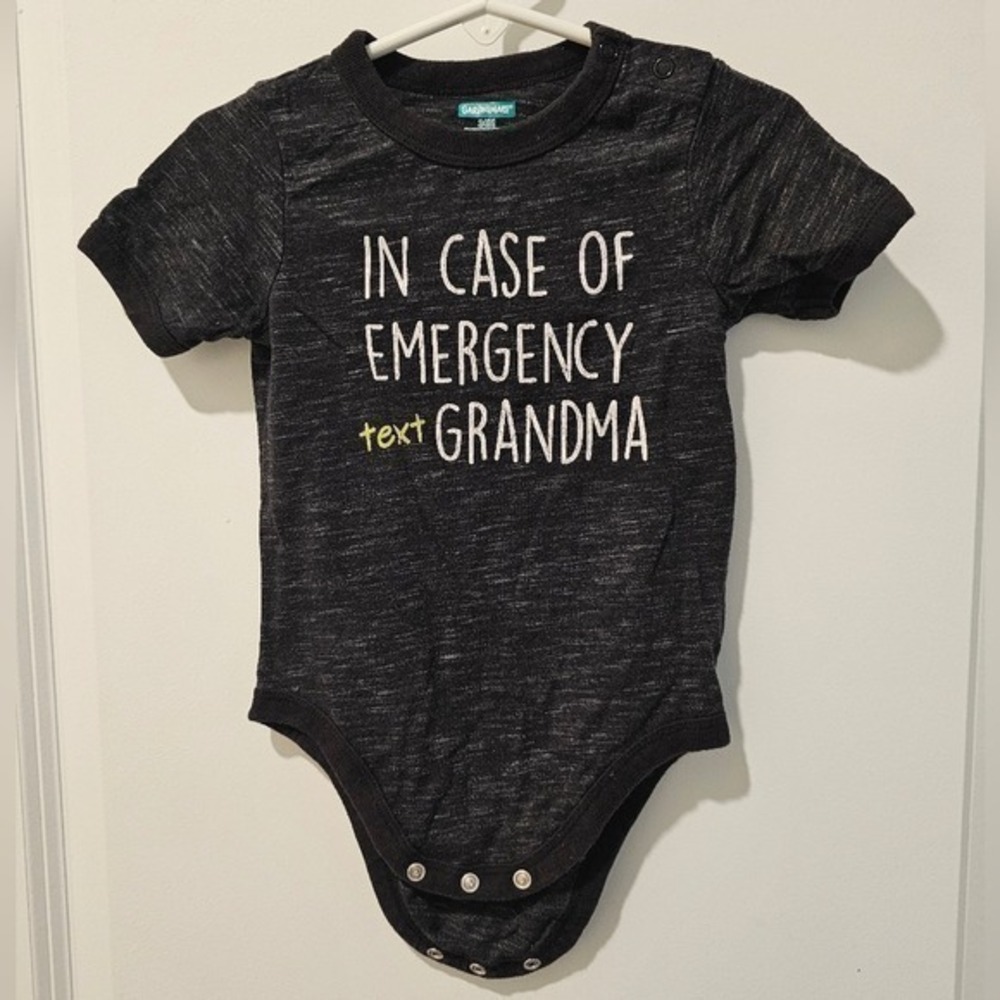 Kid's sz 24M Gray Space Dye In Case of Emergency Text Grandma Graphic Bodysuit